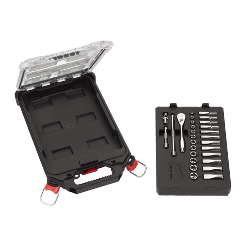 Nasadki¼″ z grzechotką - metryczne - zestaw 28 szt. w organizerze PACKOUT™ SLIM średnim 9