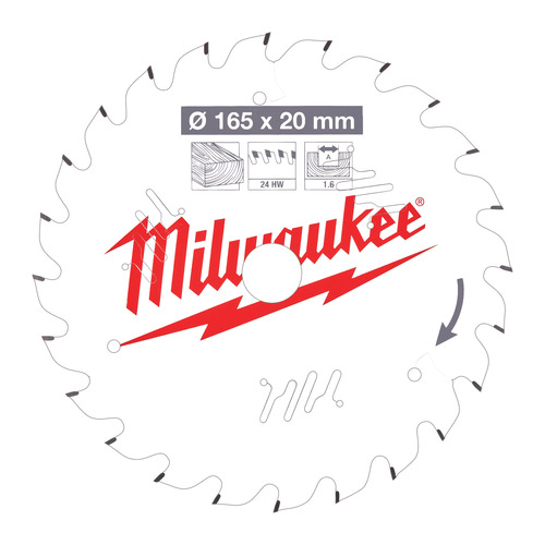 Tarcza pilarska do drewna 165 x 20 mm 24 zębów MILWAUKEE kerf 1.6 1