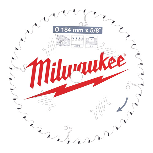 Tarcza pilarska do drewna 184 x 5/8 mm 40 zębów MILWAUKEE 1