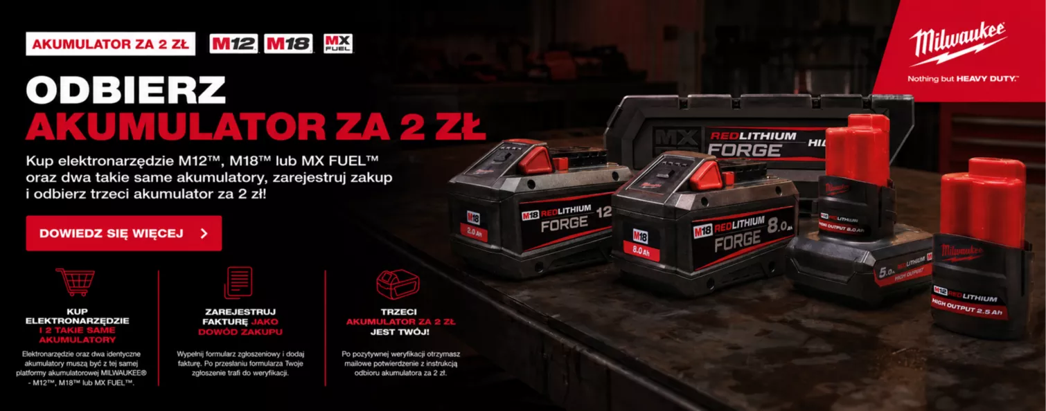 Promocja MILWAUKEE – odbierz trzeci akumulator za 2 zł po zakupie elektronarzędzia i dwóch akumulatorów w Narzedzia4You.pl