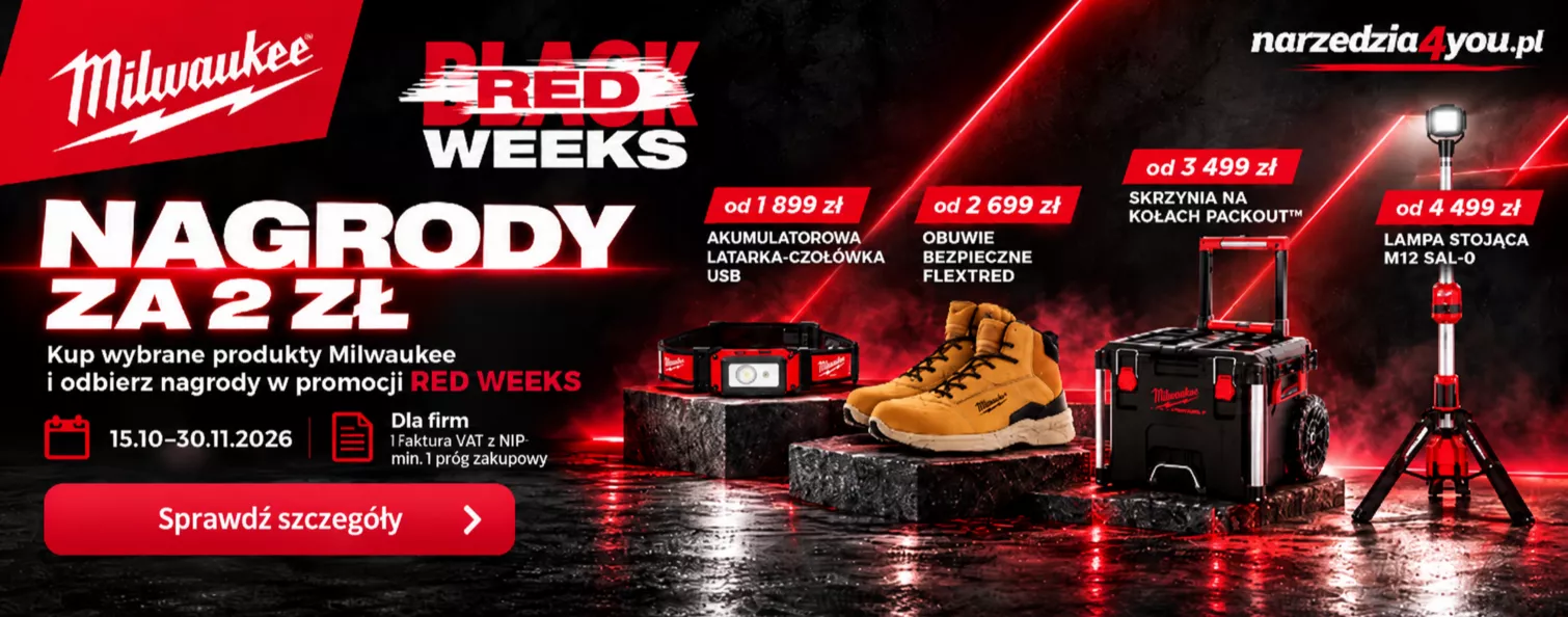Promocja Milwaukee RED WEEKS 2026 – nagrody za 2 zł: latarka USB, buty FLEXTRED, skrzynia PACKOUT i lampa M12