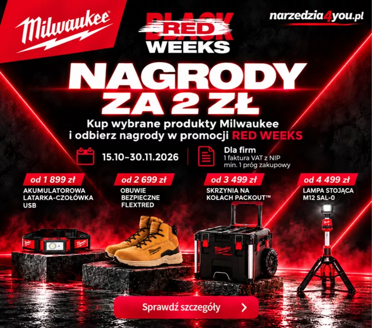 Promocja Milwaukee RED WEEKS 2026 – nagrody za 2 zł: latarka USB, buty FLEXTRED, skrzynia PACKOUT i lampa M12